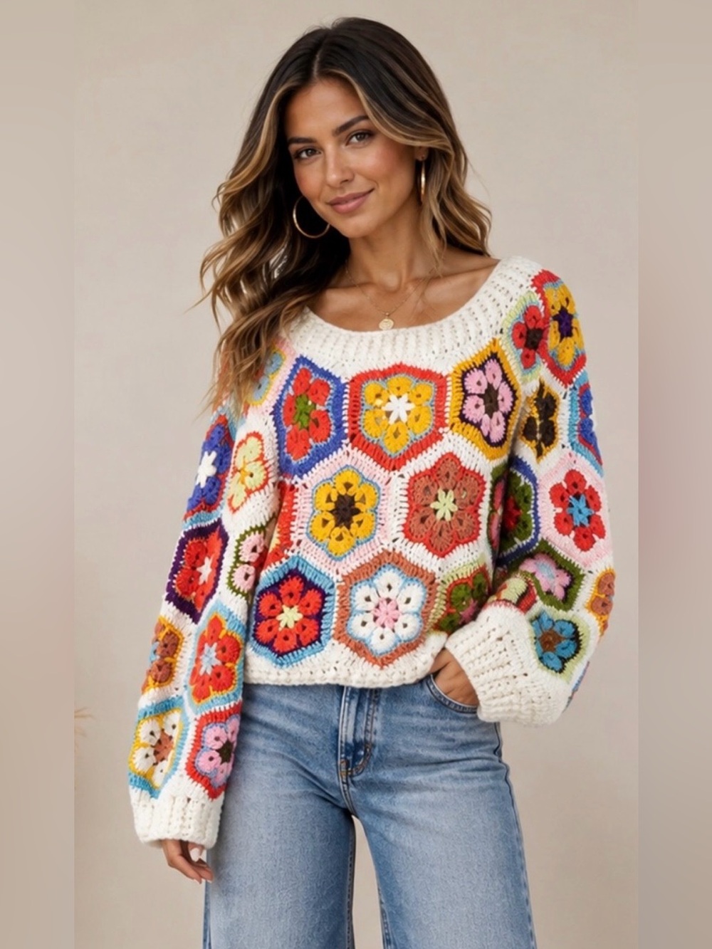 NWT granny Square Crochet Pullover Sweater Size M/L